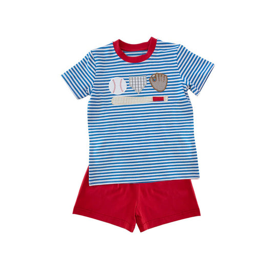 (Pre-order)BSSO1406  Baseball Stripes Top Red Shorts Boys Summer Clothes Set