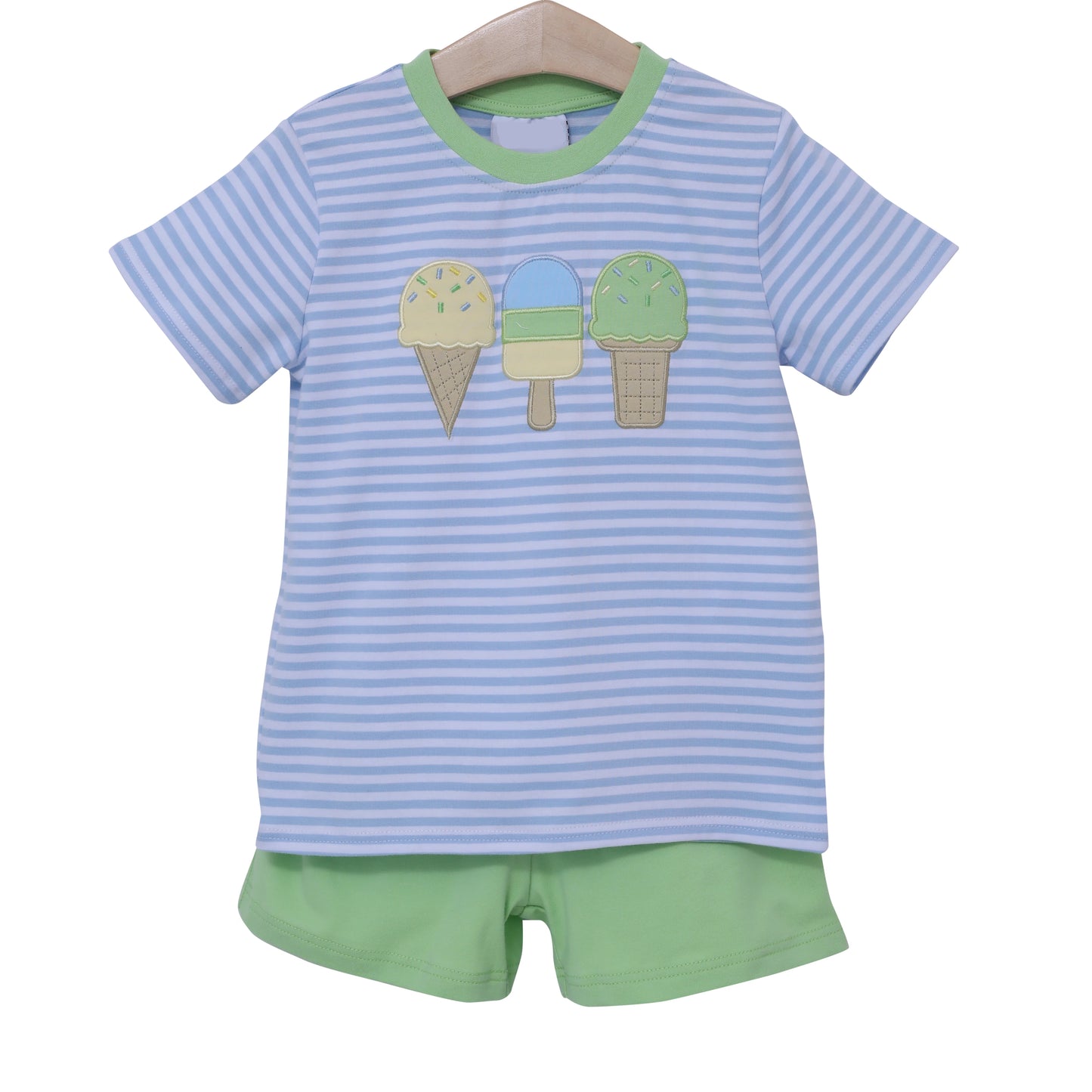 (Pre-order)BSSO1407  Popsicle Stripes Top Green Shorts Boys Summer Clothes Set