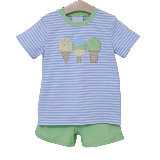 (Pre-order)BSSO1407  Popsicle Stripes Top Green Shorts Boys Summer Clothes Set