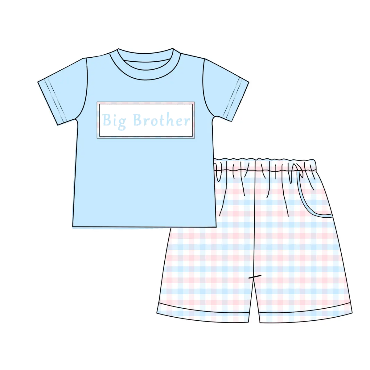(Pre-order)BSSO1408 Big Brother Blue Top Plaid Shorts Boys Summer Clothes Set