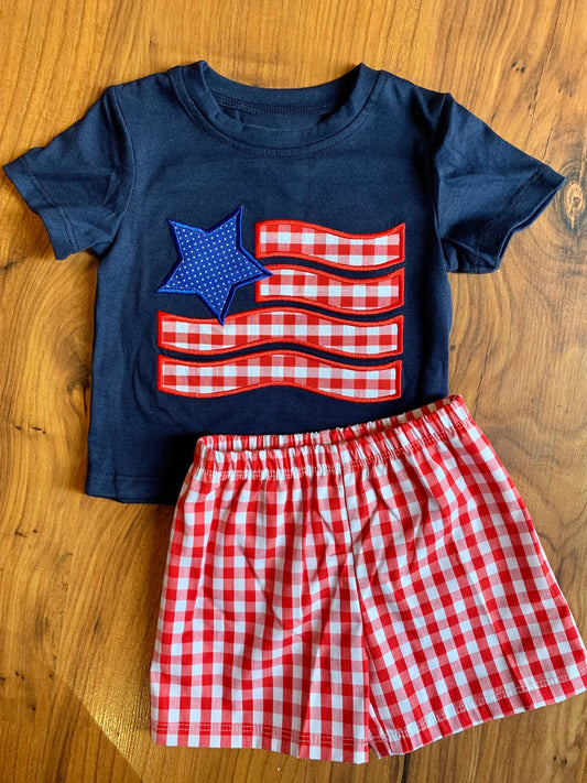 (Pre-order)BSSO1419 Flag Navy Top Red Plaid Shorts Boys 4th of July Clothes Set