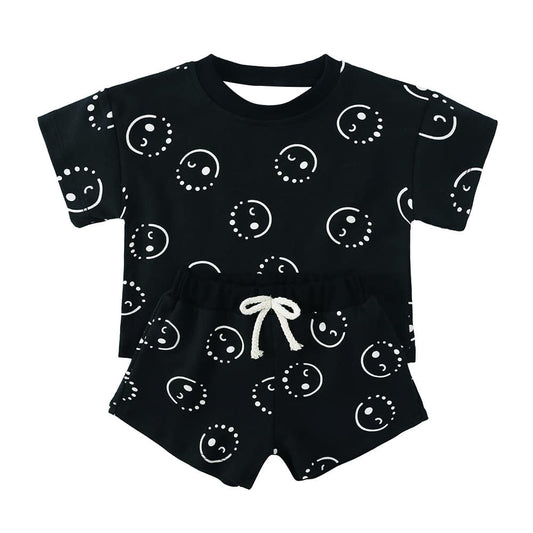 (Pre-order)BSSO1424 Smiling Face Black Print Boys Summer Clothes Set
