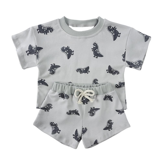(Pre-order)BSSO1427 Dino Grey Print Boys Summer Clothes Set