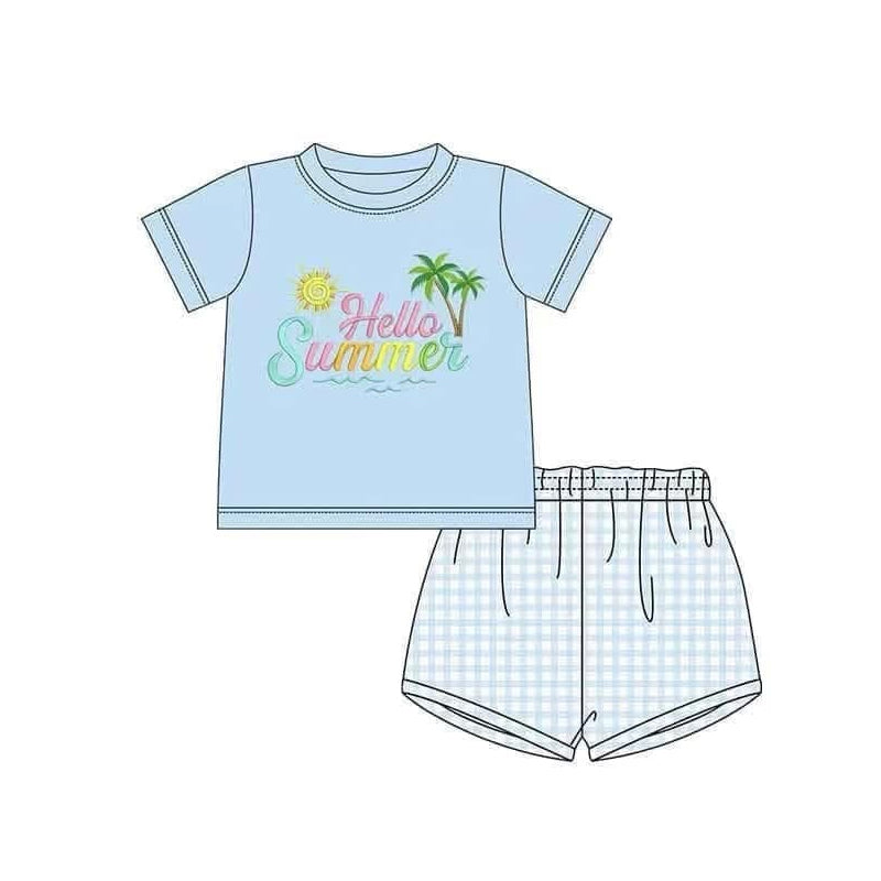 (Pre-order)BSSO1428 Hello Summer Blue Top Plaid Shorts Boys Summer Clothes Set