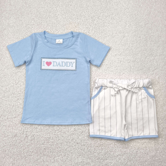 BSSO1434 I LOVE DADDY Embroidery Blue Top Stripes Shorts Boys Summer Clothes Set