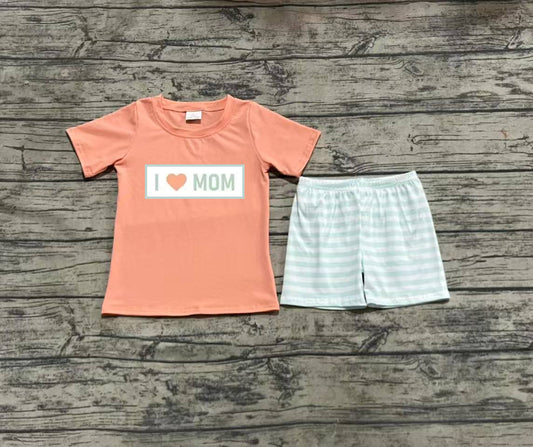 (Pre-order)BSSO1435 I LOVE MOM Orange Top Stripes Shorts Boys Summer Clothes Set