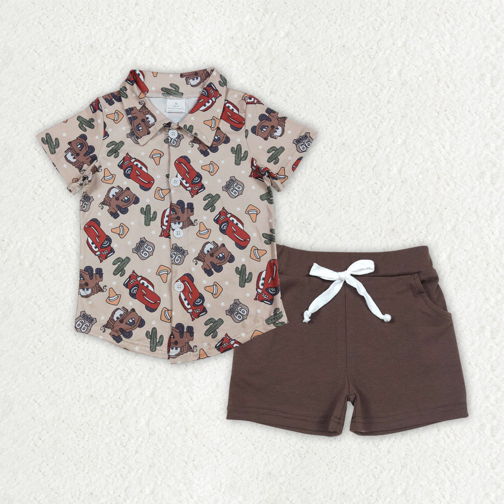 BSSO1436 Cartoon Cars Top Brown Shorts Boys Summer Clothes Set