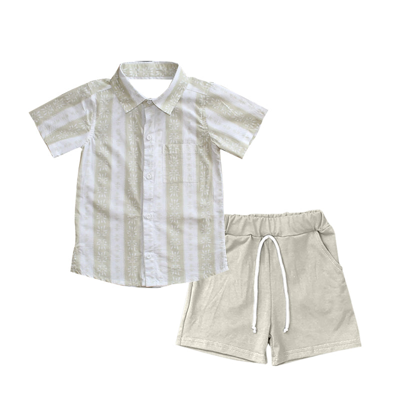 (Pre-order)BSSO1457 Grey Khaki Stripes Top Pockets Shorts Boys Summer Clothes Set