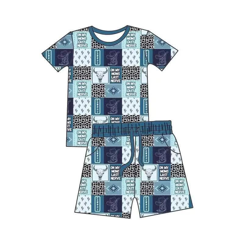 (Pre-order)BSSO1458  Cow Skull Cactus Boots Plaid Western Print Boys Summer Pajamas Clothes Set