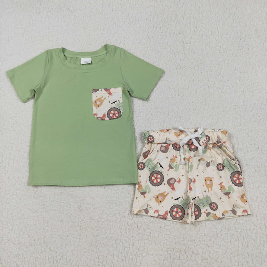 BSSO1460 Green Pocket Top Farm Animals Tractors Shorts Boys Summer Clothes Set