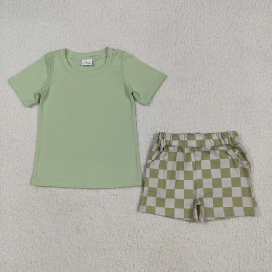 BSSO1470  Green Top Plaid Shorts Boys Summer Clothes Set