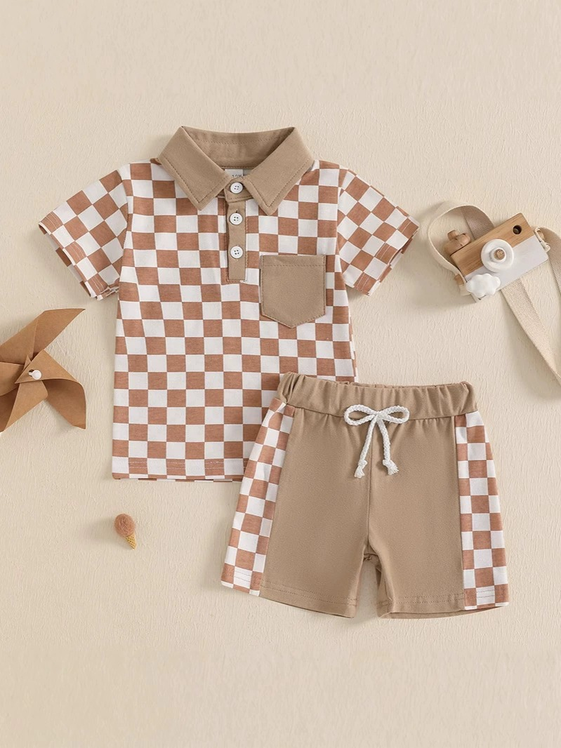 (Pre-order)BSSO1471 Plaid Polo Pocket Top Brown Shorts Boys Summer Clothes Set