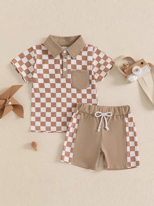 (Pre-order)BSSO1471 Plaid Polo Pocket Top Brown Shorts Boys Summer Clothes Set