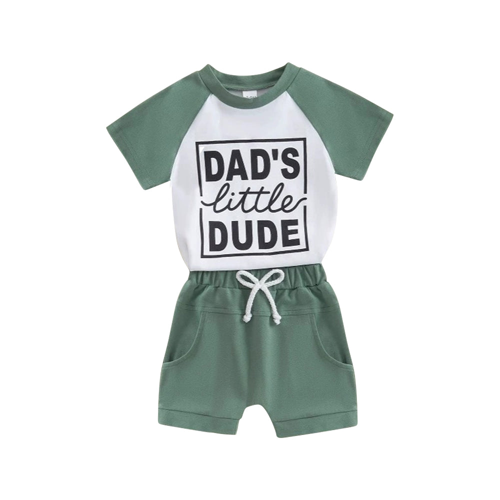 (Pre-order)BSSO1475 DAD'S Little DUDE Top Green Pockets Shorts Boys Summer Clothes Set