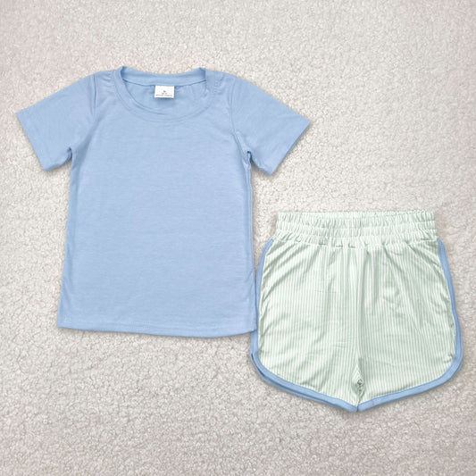 BSSO1481 Blue Top Green Stripes Shorts Boys Summer Clothes Set