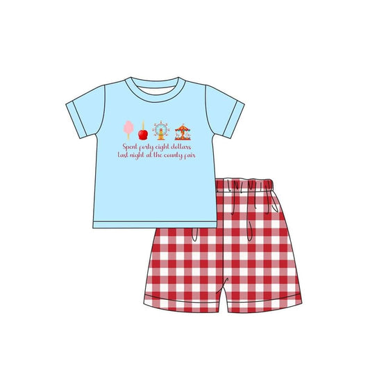 (Split Order Preorder) Deadline Aug 26 County Fair Blue Top Red Plaid Shorts Boys Summer Clothes Set