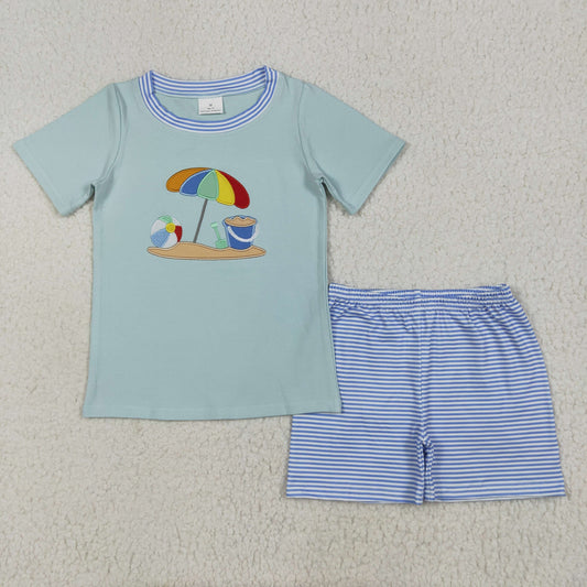 BSSO1485 Sandbeach Embroidery Top Blue Stripes Shorts Boys Summer Clothes Set
