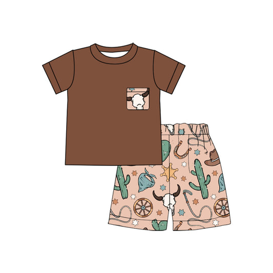 (Pre-order)BSSO1487 Brown Pocket Top Hat Cactus Western Shorts Boys Summer Clothes Set