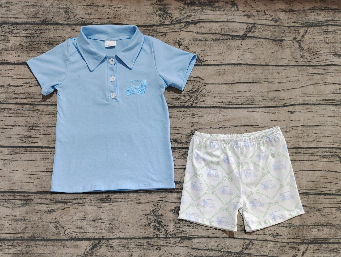 (Pre-order)BSSO1494 Blue Polo Top Golf Trucks Shorts Boys Summer Clothes Set