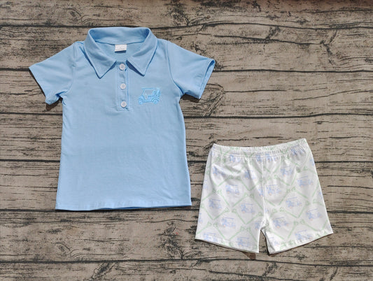(Pre-order)BSSO1494 Blue Polo Top Golf Trucks Shorts Boys Summer Clothes Set