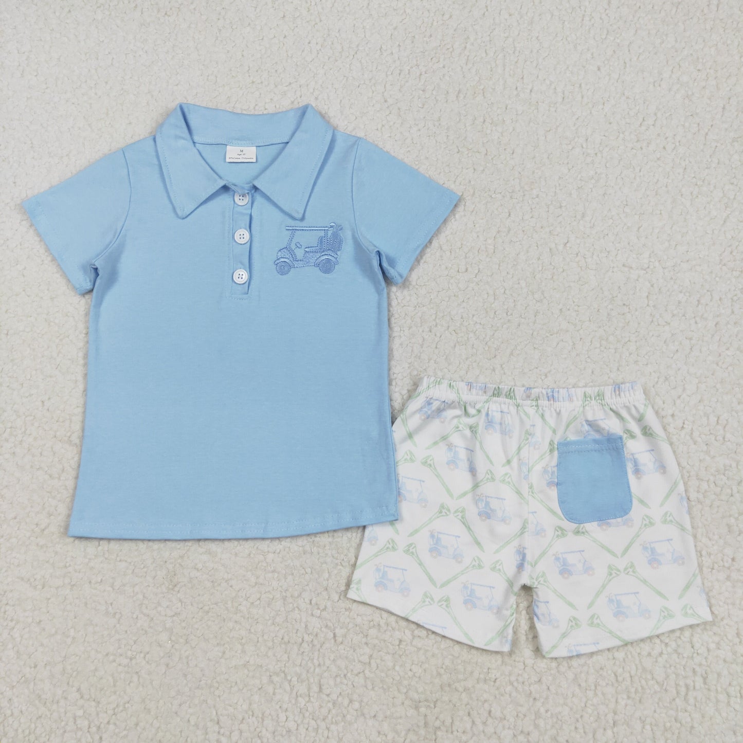 BSSO1494 Embroidery Blue Polo Top Golf Trucks Shorts Boys Summer Clothes Set