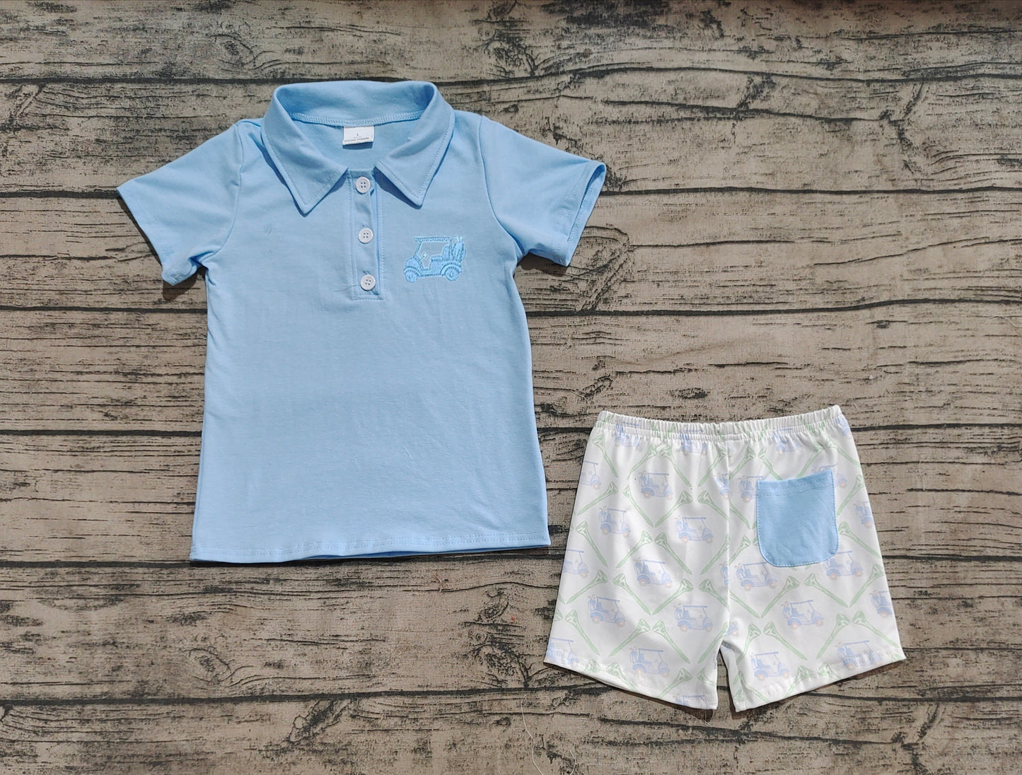 (Pre-order)BSSO1494 Blue Polo Top Golf Trucks Shorts Boys Summer Clothes Set