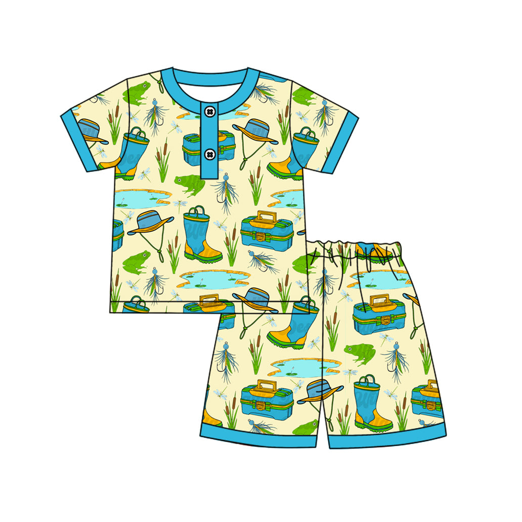 (Pre-order)BSSO1495 Fishing Blue Print Shorts Boys Summer Pajamas Clothes Set