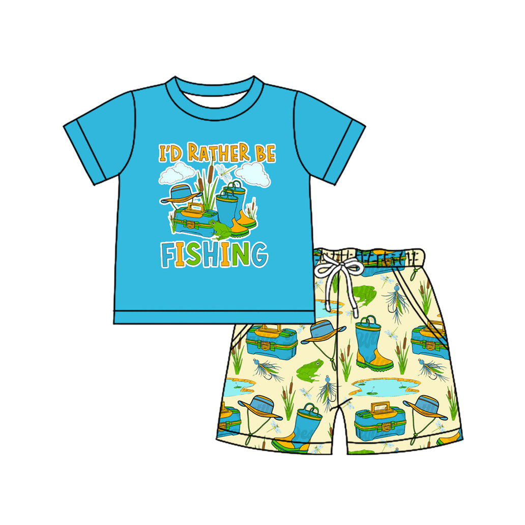 (Pre-order)BSSO1496 Fishing Blue Print Shorts Boys Summer Clothes Set