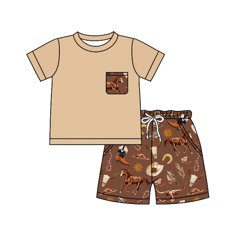 (Pre-order)BSSO1502 Brown Pocket Top Horse Hat Western Shorts Boys Summer Clothes Set