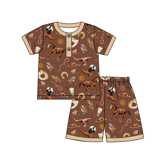(Pre-order)BSSO1503 Horse Hat Western Brown Print Shorts Boys Summer Pajamas Clothes Set