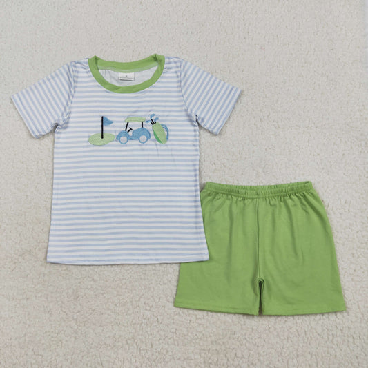 BSSO1504 Golf Embroidery Stripes Top Green Shorts Boys Summer Clothes Set