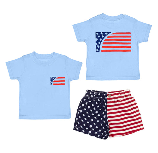 (Pre-order)BSSO1506 Flag Blue Top Stars Stripes Shorts Boys 4th of July Clothes Set