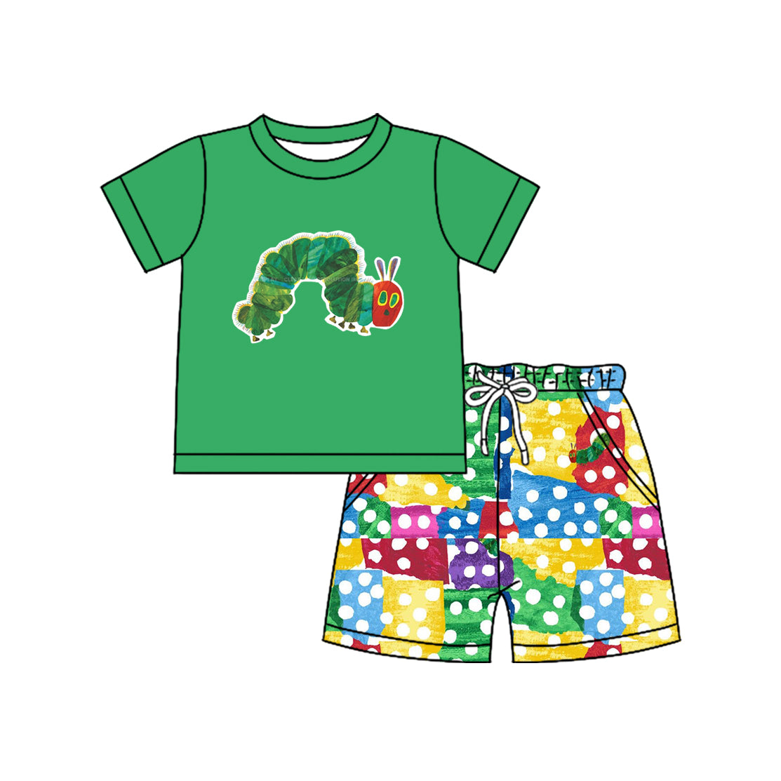 (Pre-order)BSSO1510 HUNGRY CATERPILLAR Green Top Pockets Shorts Boys Summer Clothes Set