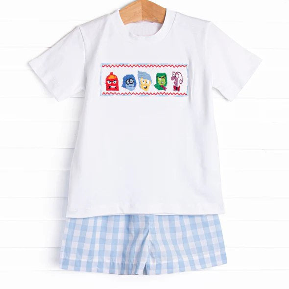 (Pre-order)BSSO1516 Cartoon Figure Inside Out Top Blue Plaid Shorts Boys Summer Clothes Set