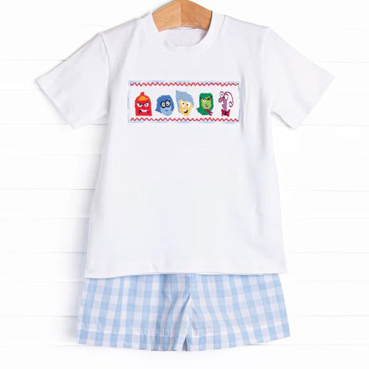 (Pre-order)BSSO1516 Cartoon Figure Inside Out Top Blue Plaid Shorts Boys Summer Clothes Set