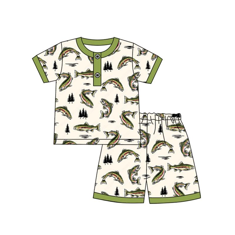 (Pre-order)BSSO1528 Fish Green Print Shorts Boys Summer Pajamas Clothes Set