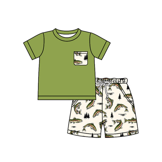 (Pre-order)BSSO1529 Green Pocket Top Fish Shorts Boys Summer Clothes Set