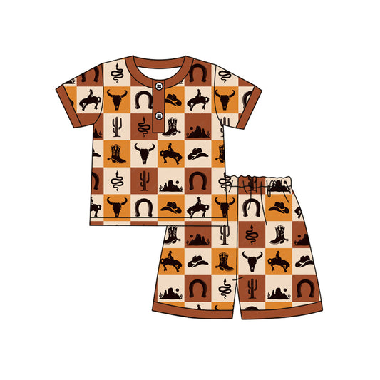 (Pre-order)BSSO1530 Cowboy Western Brown Print Shorts Boys Summer Pajamas Clothes Set