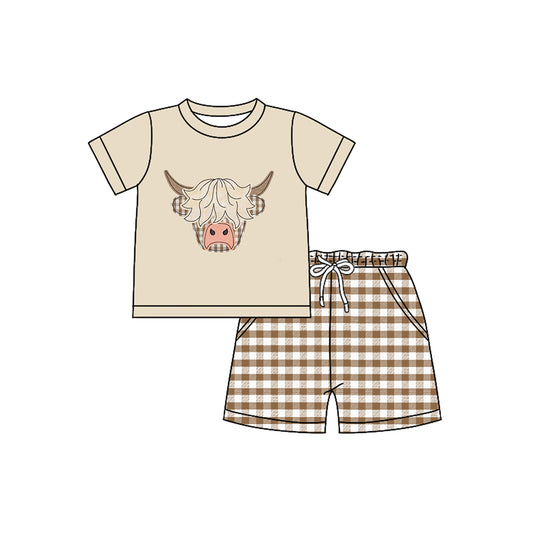 (Pre-order)BSSO1536 Highland Cow Top Plaid Shorts Boys Summer Clothes Set