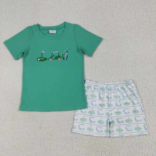 BSSO1540 Golf Trucks Embroidery Green Top Shorts Boys Summer Clothes Set