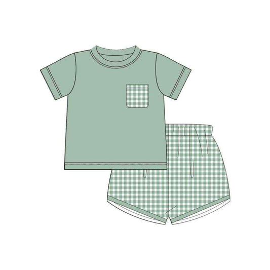 (Pre-order)BSSO1544 Green Pocket Top Plaid Shorts Boys Clothes Set