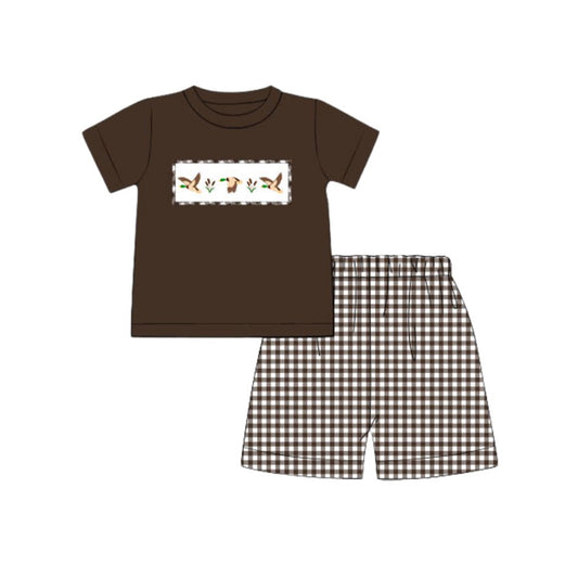 (Pre-order)BSSO1545 Duck Brown Top Plaid Shorts Boys Summer Clothes Set