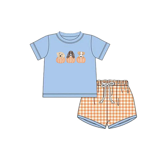 (Pre-order)BSSO1547 Dog Pumpkin Blue Top Plaid Shorts Boys Clothes Set