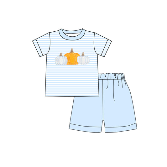 (Pre-order)BSSO1548 Pumpkin Stripes Top Blue Shorts Boys Fall Clothes Set