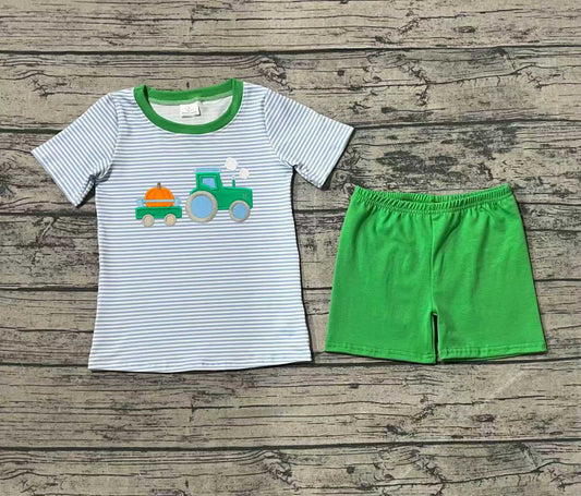 (Pre-order)BSSO1549 Tractors Pumpkin Stripes Top Green Shorts Boys Fall Clothes Set