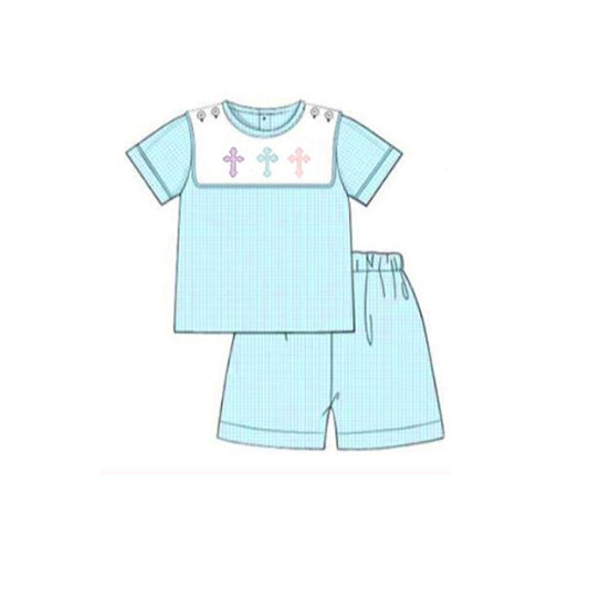 (Pre-order)BSSO1550 Cross Blue Top Shorts Boys Easter Clothes Set