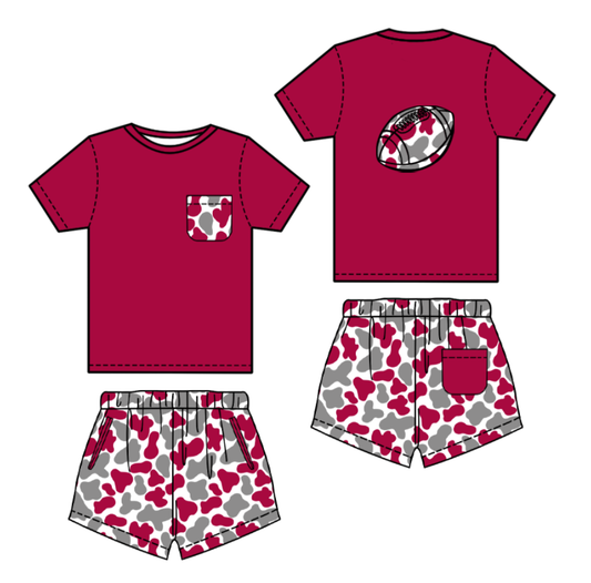 (Pre-order)BSSO1553  Football Wine Top Camo Shorts Boys Summer Clothes Set
