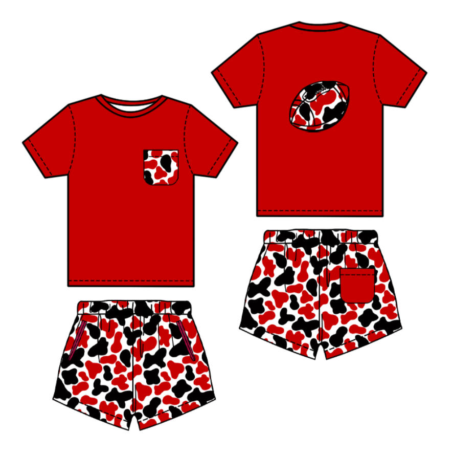 (Pre-order)BSSO1554  Football Red Top Camo Shorts Boys Summer Clothes Set