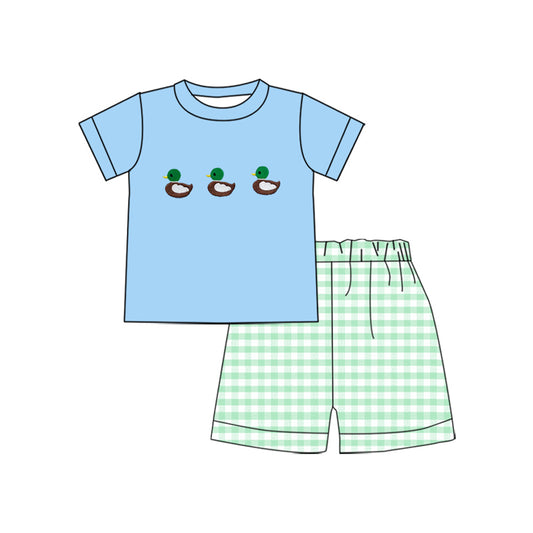 (Pre-order)BSSO1558  Duck Blue Top Plaid Shorts Boys Summer Clothes Set