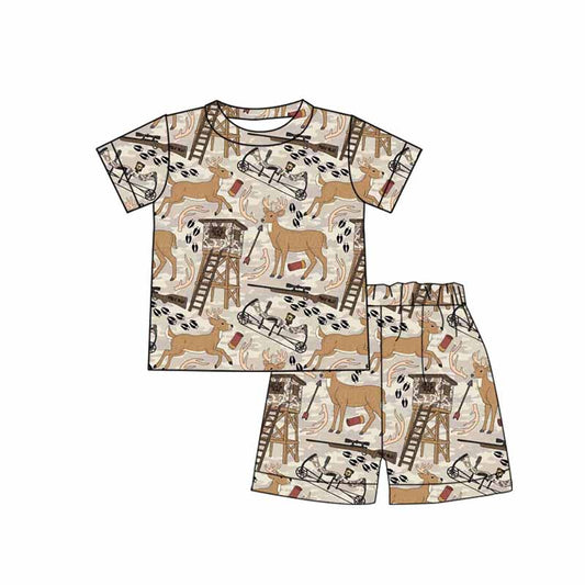 (Pre-order)BSSO1559  Deer Camo Hnting Print Boys Summer Clothes Set